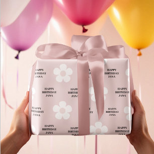 Pink Daisy Happy Birthday Elegant Wrapping Paper