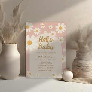 Pink Daisy Hello Baby Retro Baby Shower Invitation