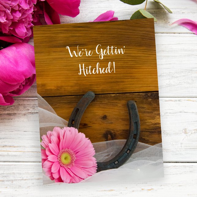 Pink Daisy Horseshoe Western Wedding Save the Date Announcement Postcard (Creator Uploaded)