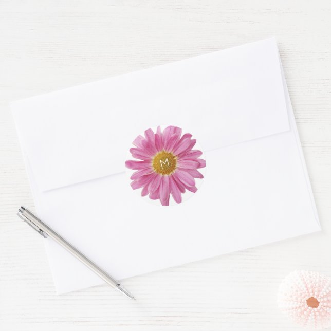 Pink Daisy INITIAL Spring Modern Colourful Fun Classic Round Sticker (Envelope)