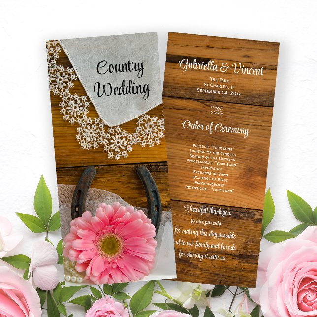Pink Daisy, Lace and Horseshoe Western Wedding  Programme (Creator Uploaded)