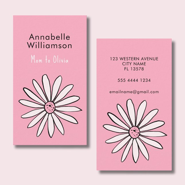 Pink Daisy mummy calling card (Mommy calling card with cute daisy & pink background. Perfect for playdates & parent networking.)