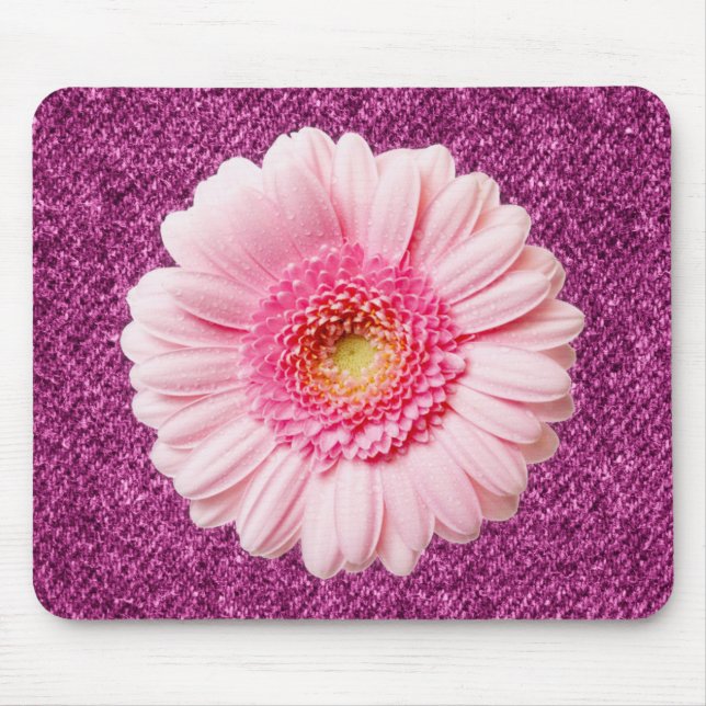 Pink Daisy on Purple Denim Boho Mousepad (Front)