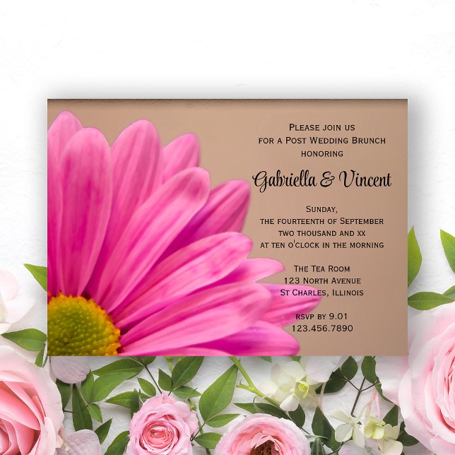 Pink Daisy on Tan Post Wedding Brunch Invitation (Creator Uploaded)