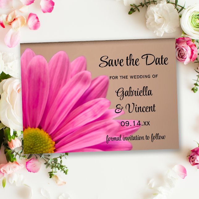 Pink Daisy on Tan Wedding Save the Date (Creator Uploaded)