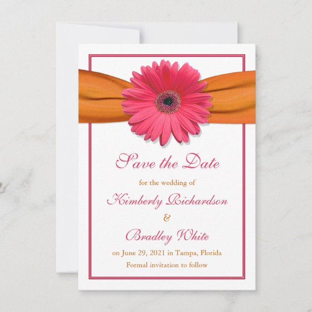 Pink Daisy Orange Ribbon Wedding Save the Date (Front)