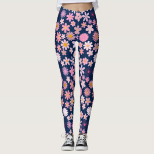 Pink Daisy Pattern 01.bw DBlue BG Leggings