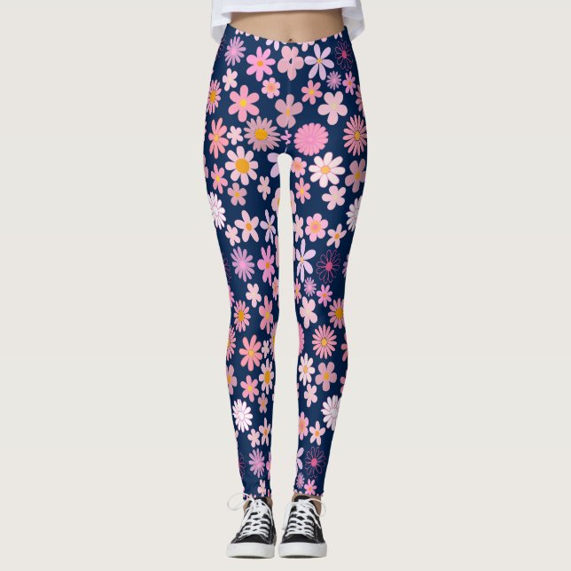 Pink Daisy Pattern 01.bw DBlue BG Leggings (Front)