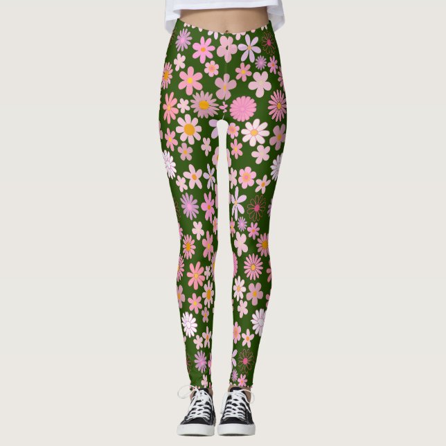 Pink Daisy Pattern 01.bw DGreen BG Leggings (Front)