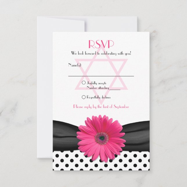 Pink Daisy Polka Dot Bat Mitzvah Reply Card (Front)