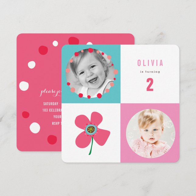 Pink Daisy Pop Squares Girl Birthday Photo Invite (Front/Back)
