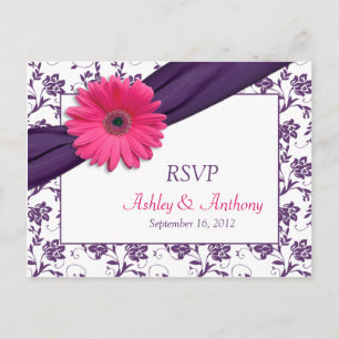 Pink Daisy Purple Damask Wedding RSVP Postcard