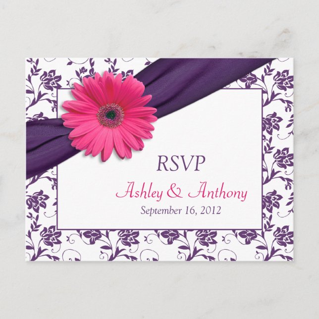 Pink Daisy Purple Damask Wedding RSVP Postcard (Front)