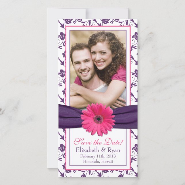 Pink Daisy Purple Floral Ribbon Wedding Save Date Save The Date (Front)