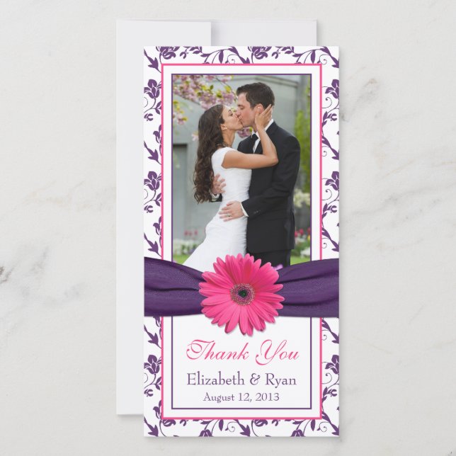 Pink Daisy Purple Floral Ribbon Wedding Thank You (Front)