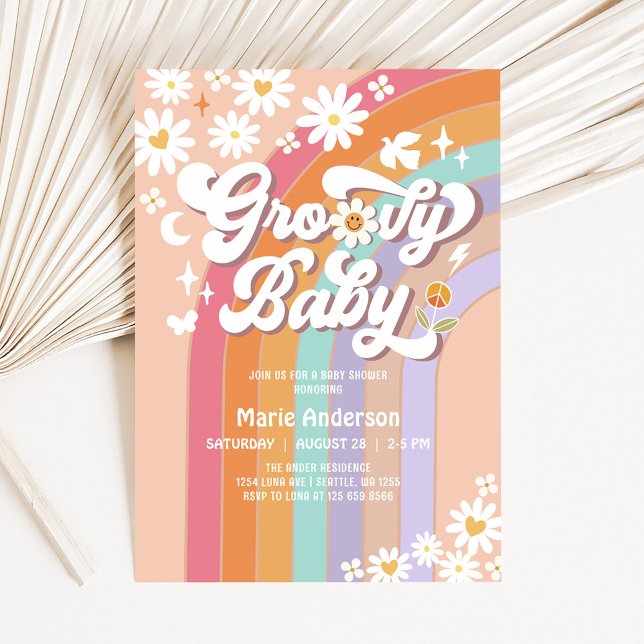 Pink Daisy Rainbow Hippie 70's Retro Baby Shower Invitation (Creator Uploaded)