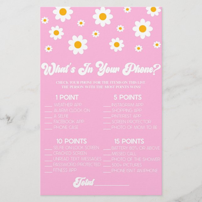 Pink Daisy Retro In Your Phone Baby Shower Game Stationery (Front)