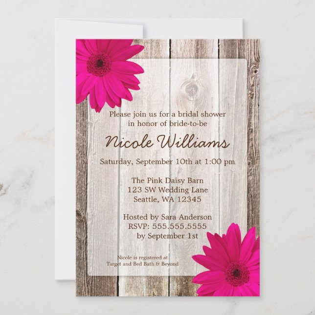 Pink Daisy Rustic Barn Wood Bridal Shower Invitation (Front)