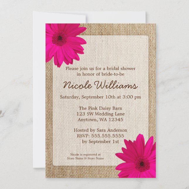 Pink Daisy Rustic Burlap Bridal Shower Invitation (Front)