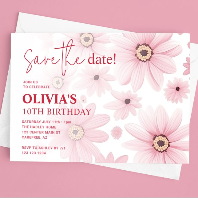 Pink Daisy Save the Date Kid's Birthday Invitation (Creator Uploaded)