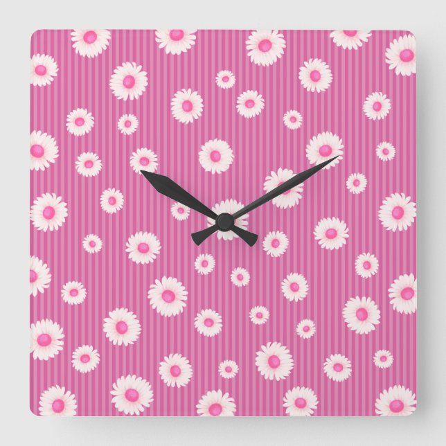 Pink Daisy Stripe Square Wall Clock (Front)