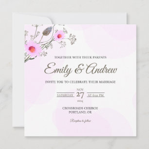 Pink Daisy Watercolor Floral Square Wedding Invitation