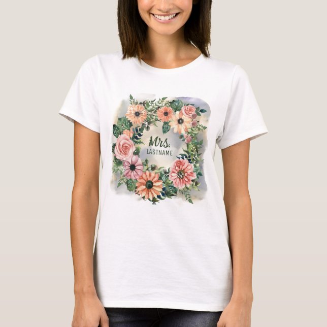 Pink Daisy Watercolor Mr. + Mrs. Just Married T-Shirt (Front)
