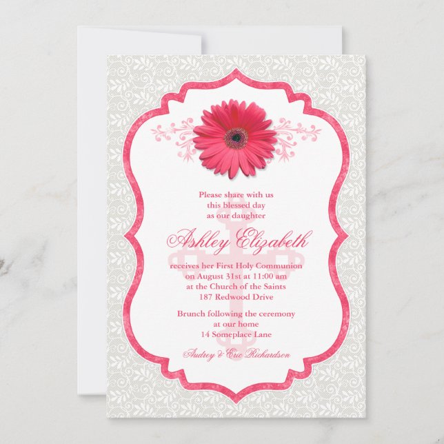 Pink Daisy White Lace First Communion Invitation (Front)