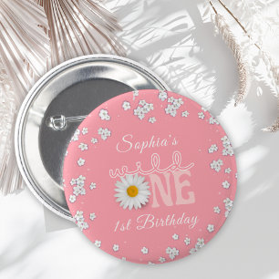 Pink Daisy Wild One 1st Birthday  6 Cm Round Badge