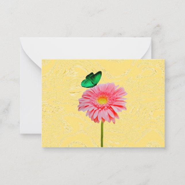 Pink Daisy With Green Butterfly Note Cards (Front)