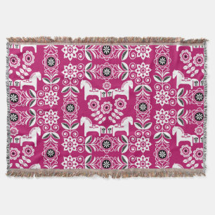 Pink Dala Swedish Horse Print Throw Blanket