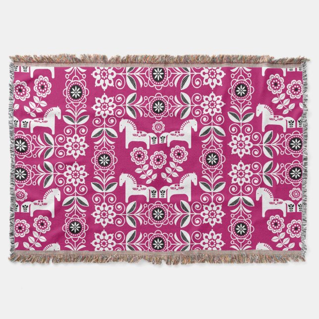 Pink Dala Swedish Horse Print Throw Blanket (Front)
