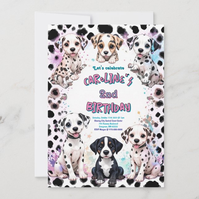 Pink Dalmatian Puppies Purple Birthday Invitation (Front)