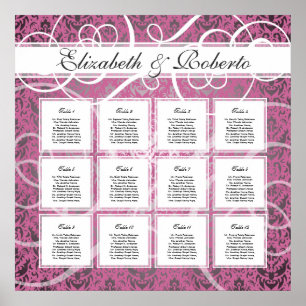 Pink Damask 12 Table Wedding Seating Plan Chart