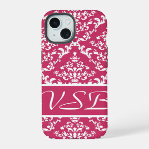 Pink Damask #1 with monogram at VictoriaShaylee iPhone 15 Case