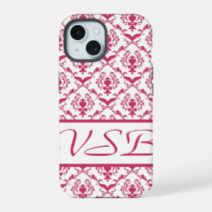 Pink Damask #2 with monogram at VictoriaShaylee iPhone 15 Case