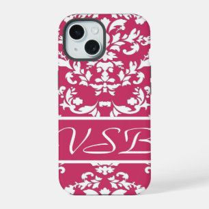 Pink Damask #3 with monogram at VictoriaShaylee iPhone 15 Case