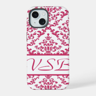Pink Damask #4 with monogram at VictoriaShaylee iPhone 15 Case
