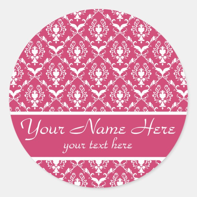 Pink Damask #5 customisable Classic Round Sticker (Front)