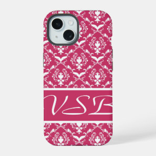 Pink Damask #5 with monogram at VictoriaShaylee iPhone 15 Case
