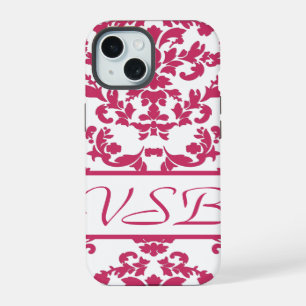 Pink Damask #6 with monogram at VictoriaShaylee iPhone 15 Case