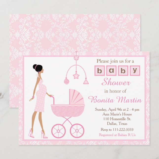 Pink Damask African American Woman Baby Shower Invitation (Front/Back)