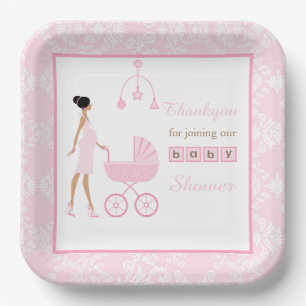 Pink Damask African American Woman Baby Shower Paper Plate