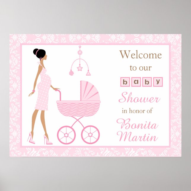 Pink Damask African American Woman Baby Shower Poster (Front)