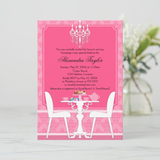Pink Damask and Chandelier Bridal Tea Party Invitation (Standing Front)