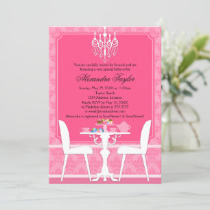 Pink Damask and Chandelier Bridal Tea Party Invitation