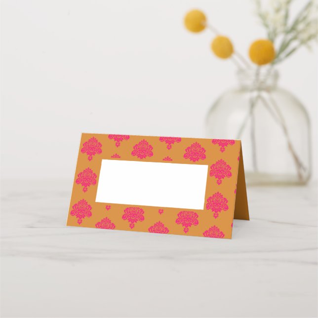 Pink damask and orange pattern place card (Front)