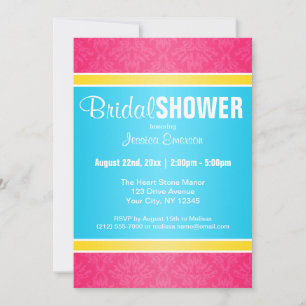 Pink Damask Aqua Yellow Bridal Shower Invitations