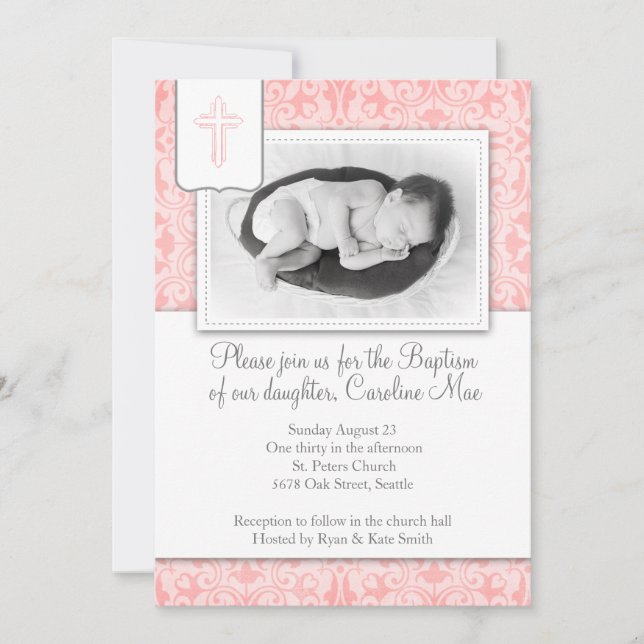 Pink Damask Baby Girl Baptism Invitation (Front)