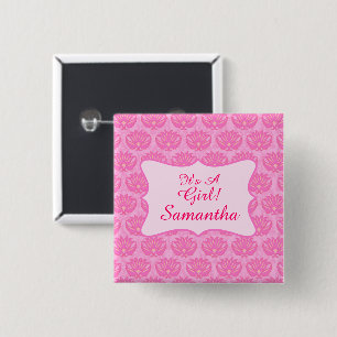 Pink Damask Baby Girl Personalised Name Badge
